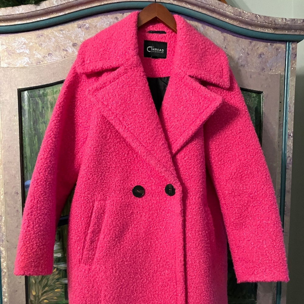 Pink 3/4 length coat in camellia pink.  Size S